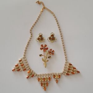 Set Vintage Fall Brooch Clip On Earrings Necklace Rhinestones Orange Peridot
